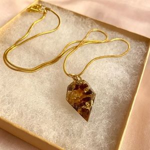 Orgonite resin pendant necklace w/ amber, garnet petals and 24k gold flakes